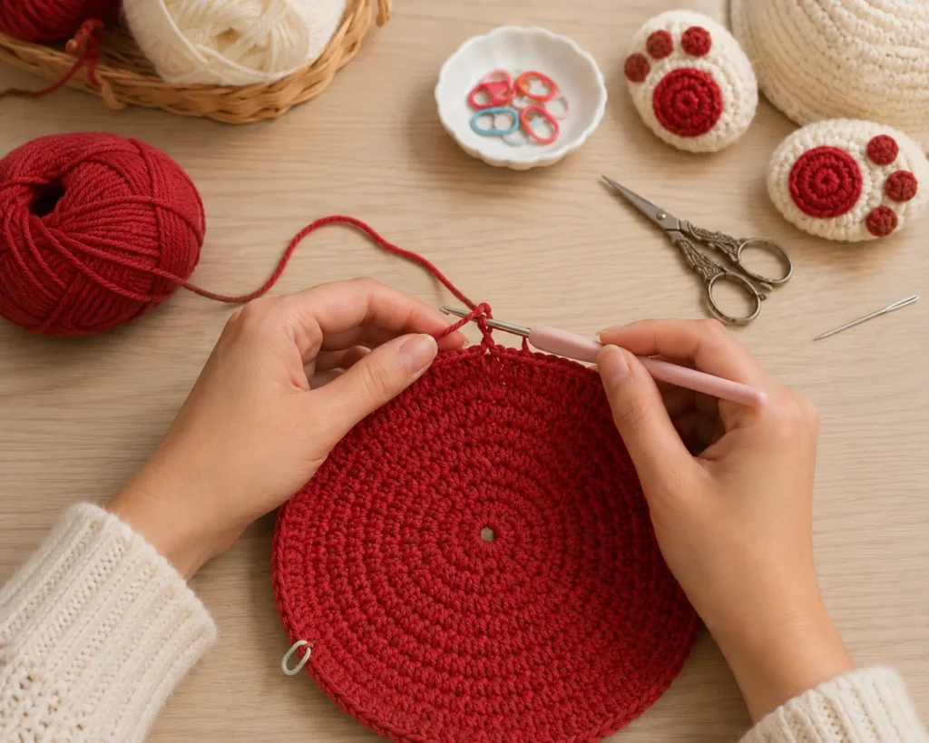 How to Make a Crochet Bunny Wall Clock Step by Step _Step 1 Crochet the Cherry Red Clock Face