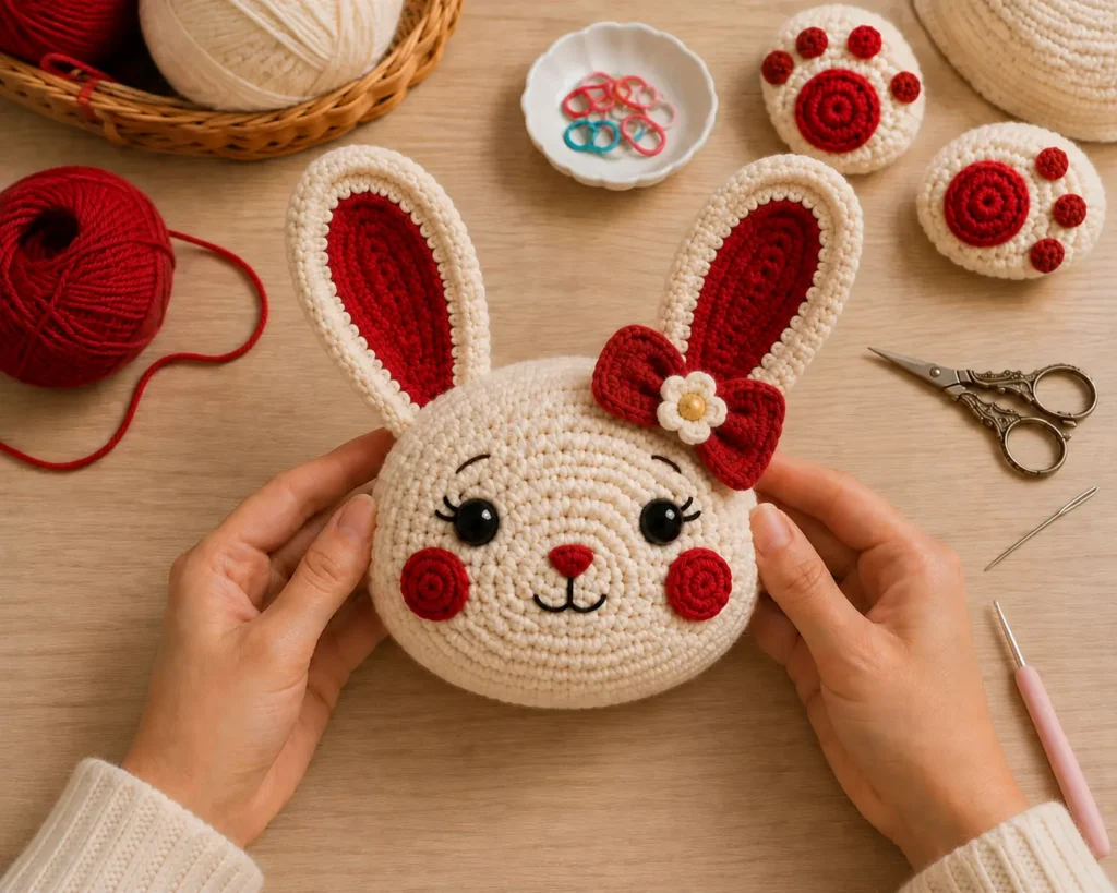 How to Make a Crochet Bunny Wall Clock Step by Step _Step 6 Add a Cherry Red Bow