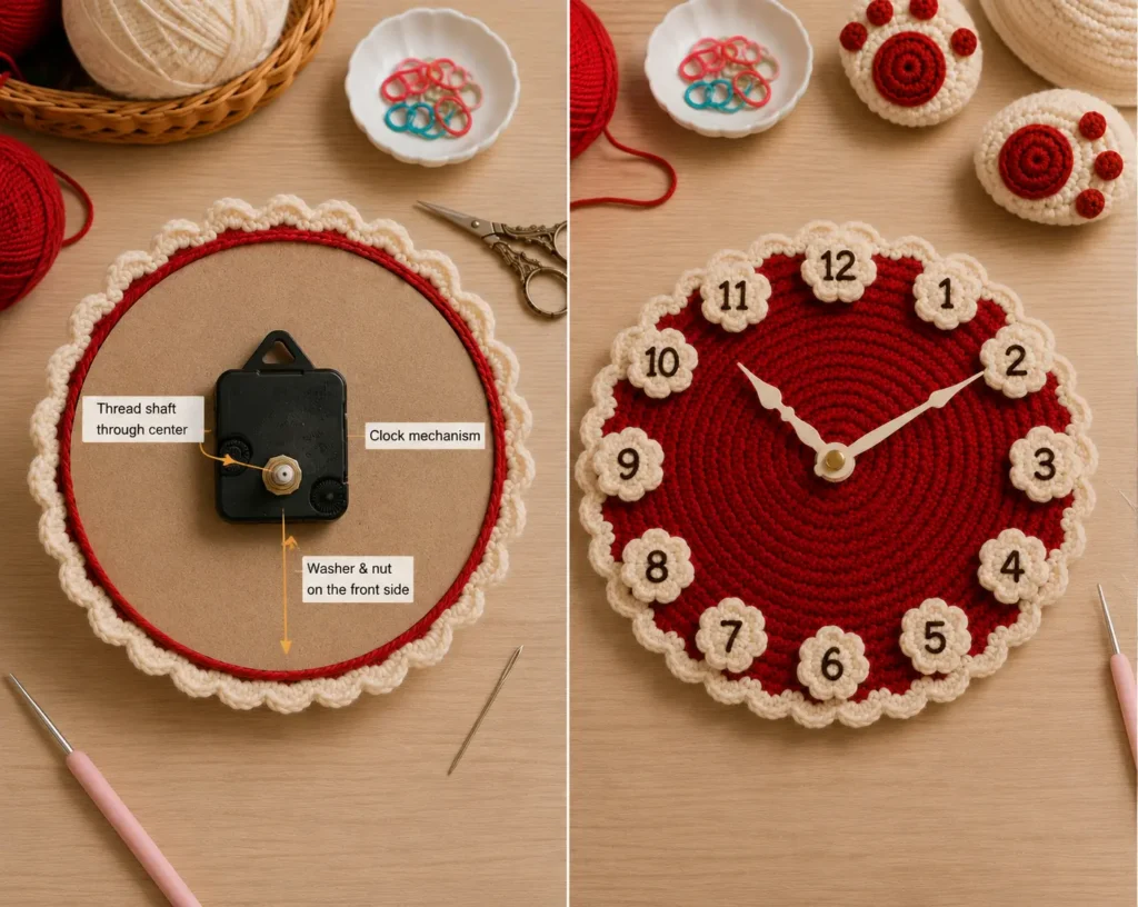 How to Make a Crochet Bunny Wall Clock Step by Step _Step 9 Prepare and Install the Clock Mechanism