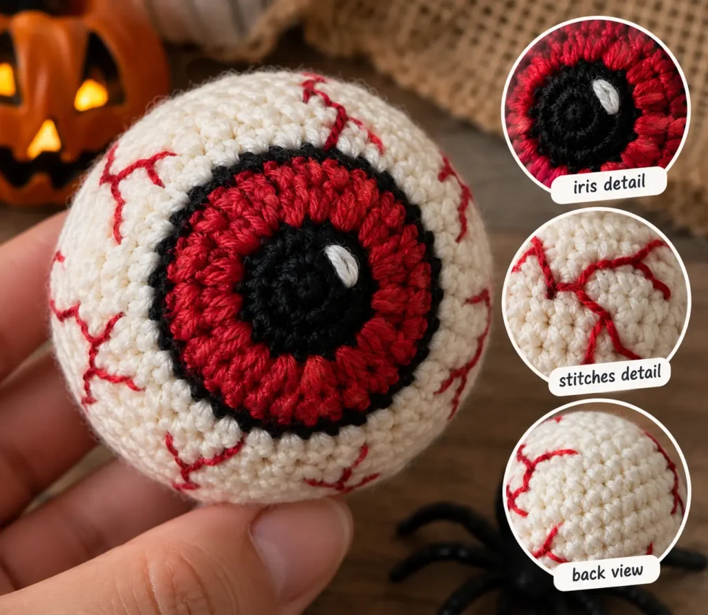 Halloween Eyeball Crochet Pattern – Easy Spooky Amigurumi for Beginners Close up handmade crochet Halloween eyeball stitches