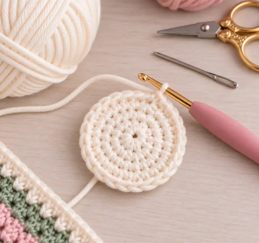 Crochet Bunny Granny Square Step by Step Round 1 – Start the Bunny Face