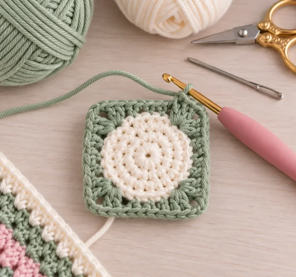 Crochet Bunny Granny Square Step by Step Round 4 Round 4 – Turn the Bunny Face Into a Square