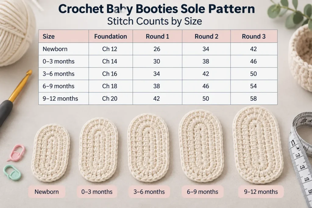 Crochet Double Sole for Baby Booties Free Pattern & Tutorial – 5 Sizes2 Complete Stitch Count Chart