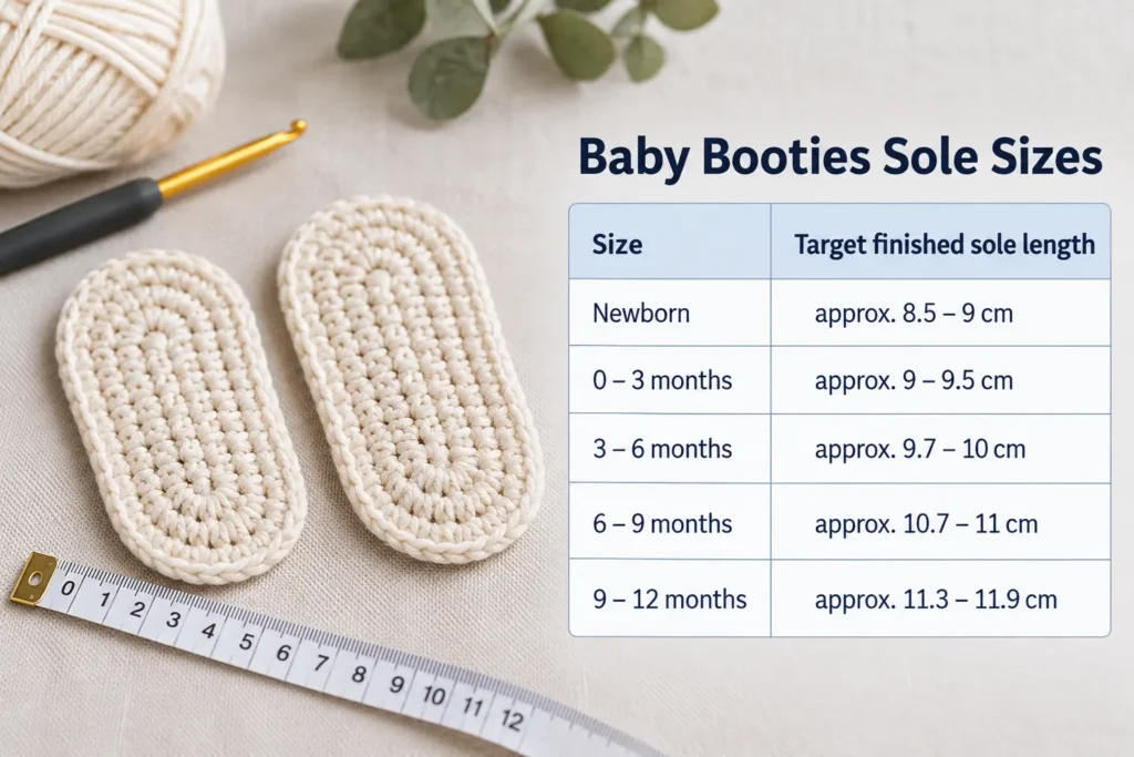 Crochet Double Sole for Baby Booties Free Pattern & Tutorial – 5 Sizes3 Baby Booties Sole Sizes