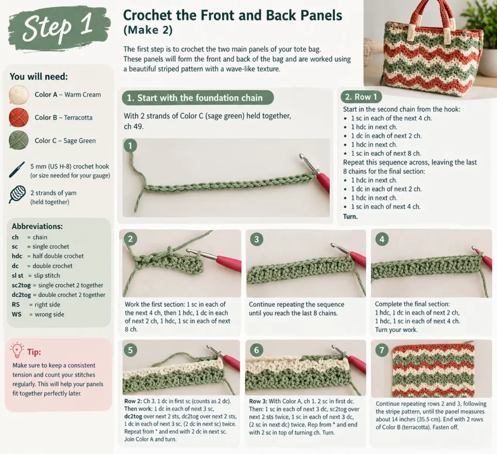 Crochet Tote Bag Pattern 6 Steps for a Stylish Striped Bag Step 1: Crochet the Front and Back Panels