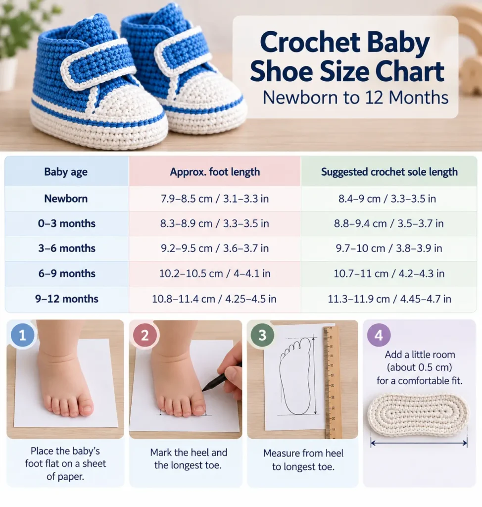Easy Crochet Baby Shoe Size Chart Newborn to 12 Months2 How to Measure a Baby's Foot for Crochet Shoes