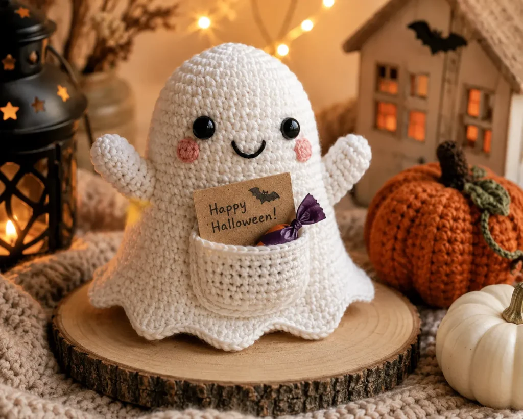 Halloween Crochet Ideas 1. The Little Ghost With a Secret Treat Pocket 👻