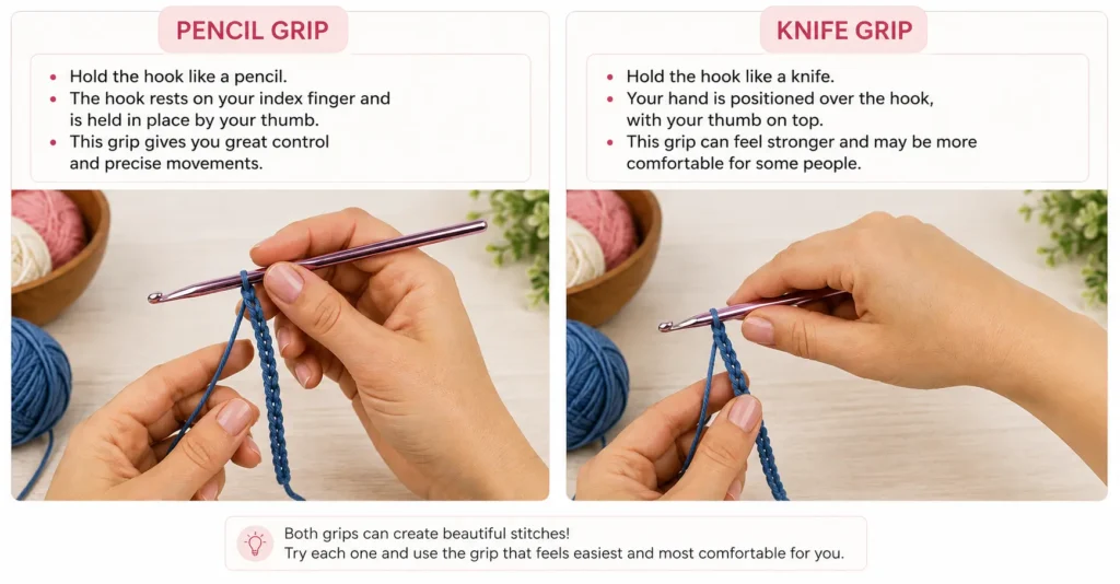 How to Crochet for Beginners the pencil grip or the knife grip.