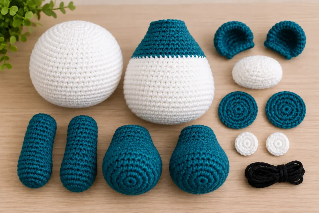 Panda Crochet Pattern Make an Adorable Amigurumi Panda 2 _Crocheted panda head body arms legs ears muzzle and eye pieces before assembly