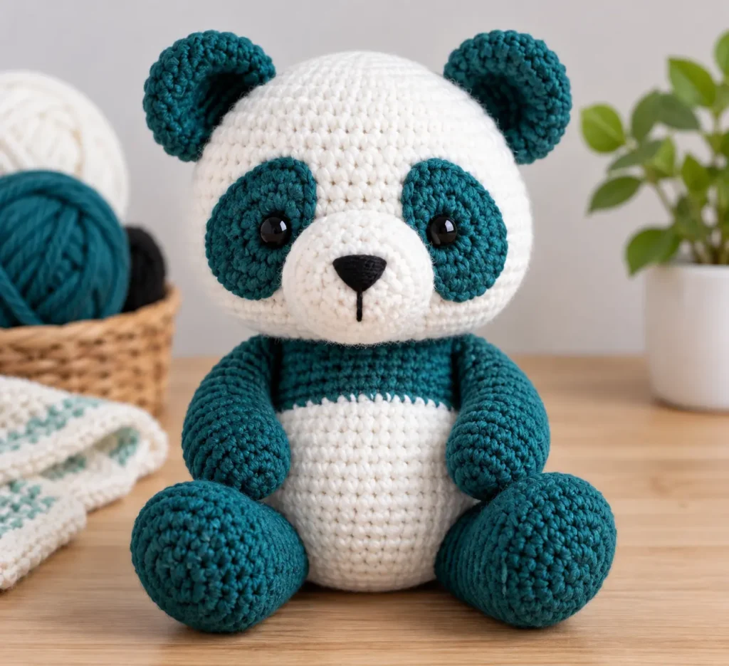 Panda crochet pattern finished as a teal and white amigurumi panda