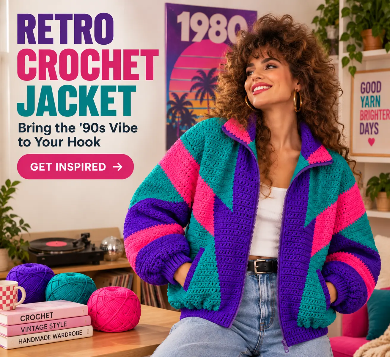 Retro crochet jacket in purple teal and pink 90s color block style