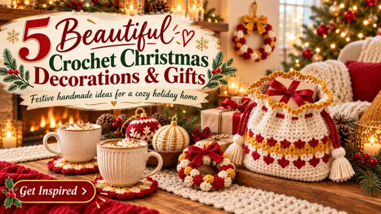 Crochet Christmas decorations and gifts displayed in a cozy festive living room