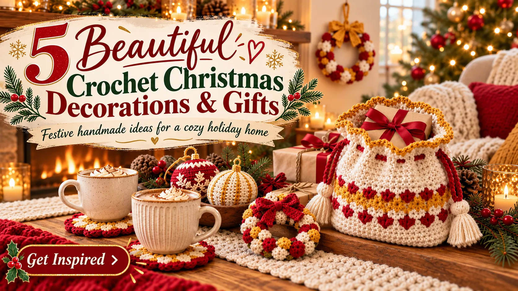 Crochet Christmas decorations and gifts displayed in a cozy festive living room