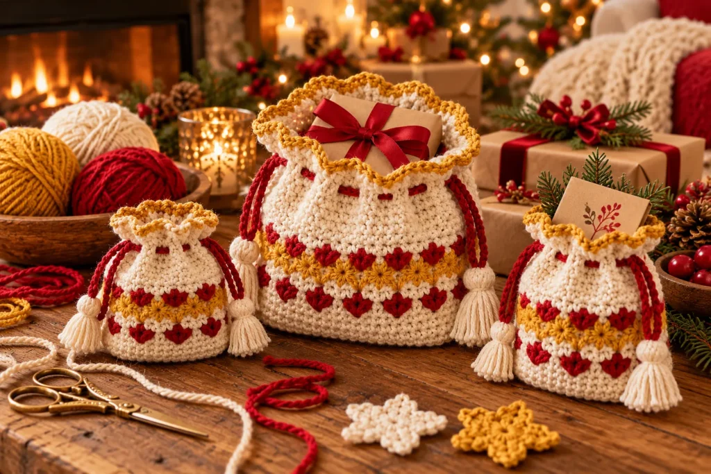 Crochet Christmas decorations and gifts 4. Reusable Crochet Gift Bags