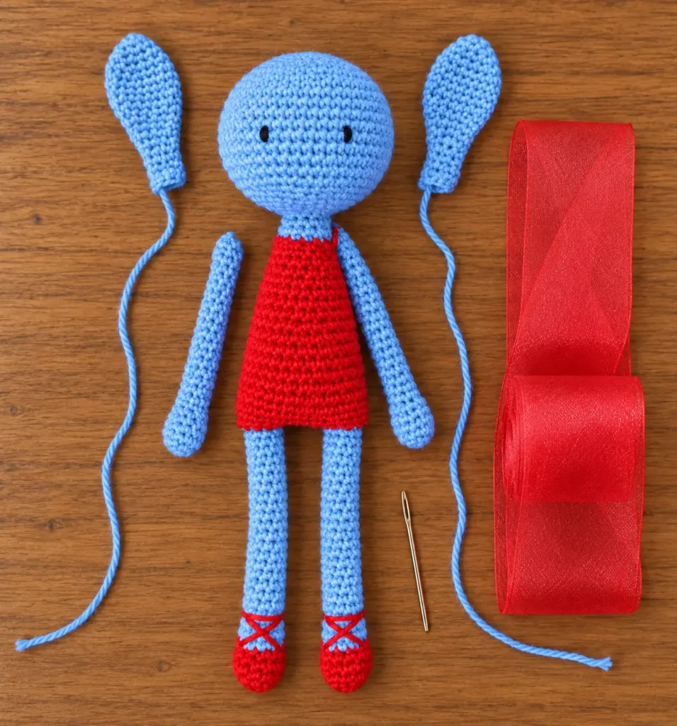 crochet ballerina bunny pieces ready for assembly